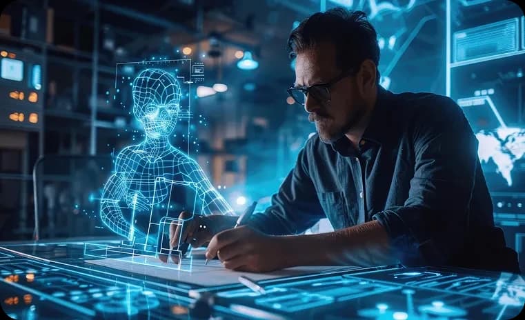 Developer building an AI product with an interactive holographic interface