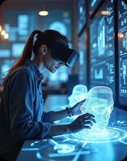Designer exploring an immersive digital interface with a VR headset