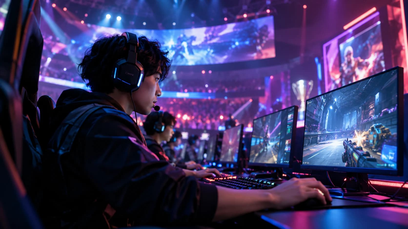 Competitive esports players using gaming PCs in a professional arena