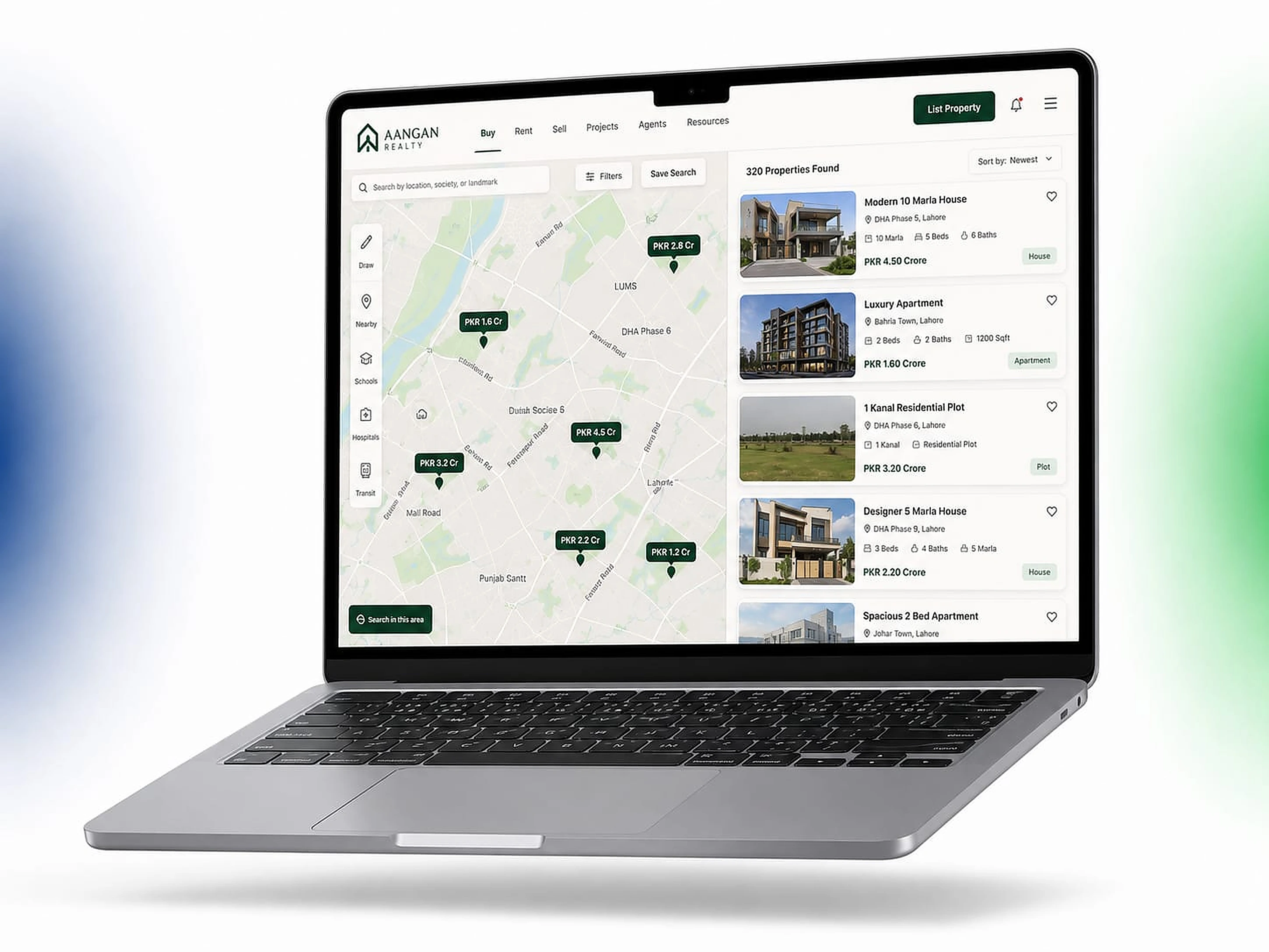 Aangan Realty property listing platform on laptop