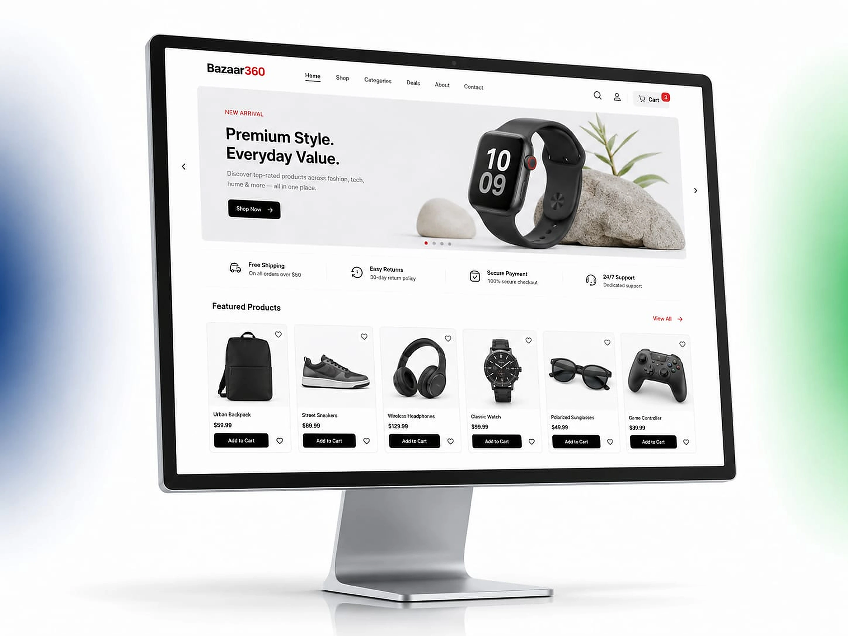 Bazaar360 e-commerce website shown on desktop monitor