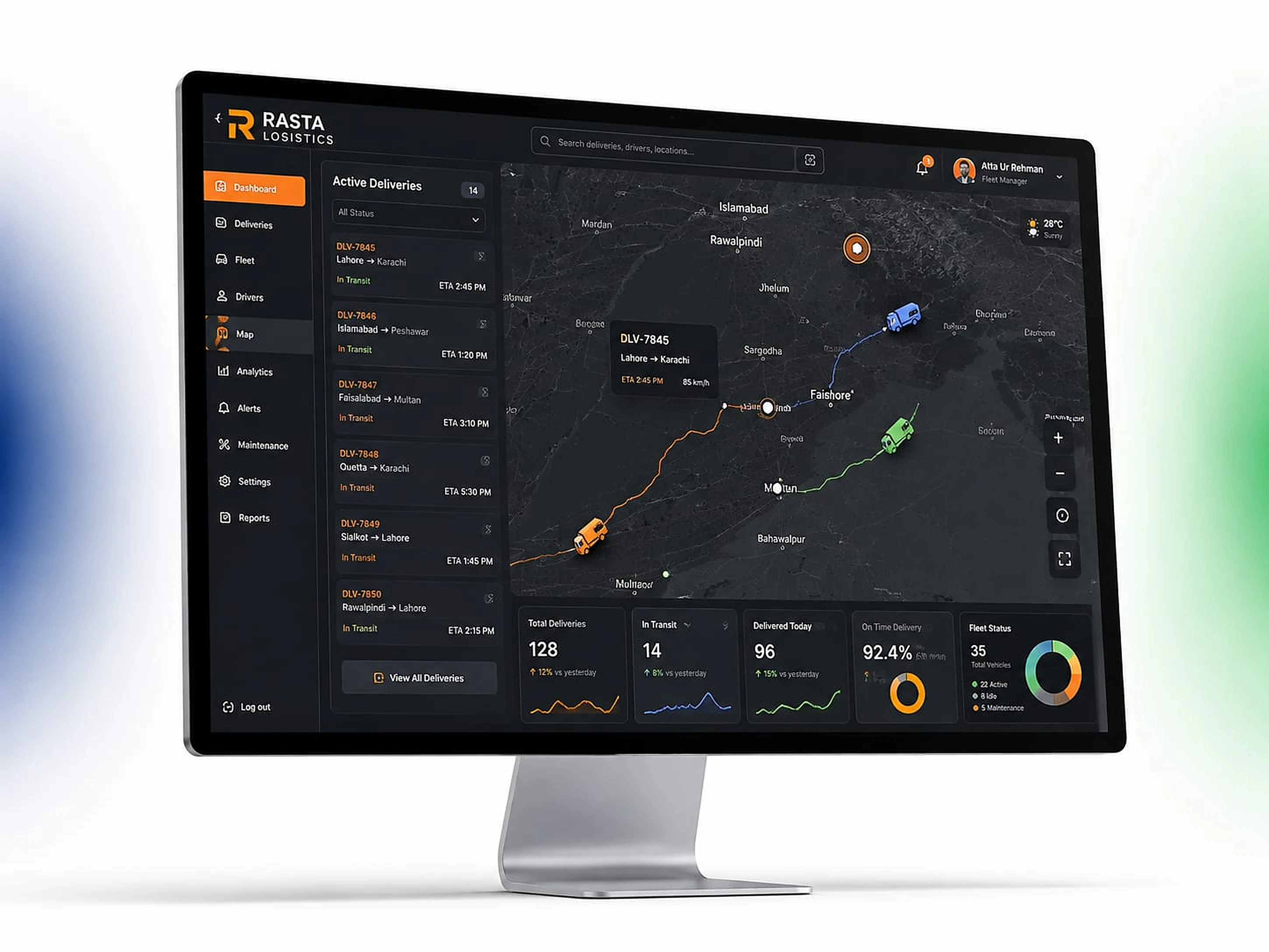 Rasta Logistics delivery map dashboard on monitor