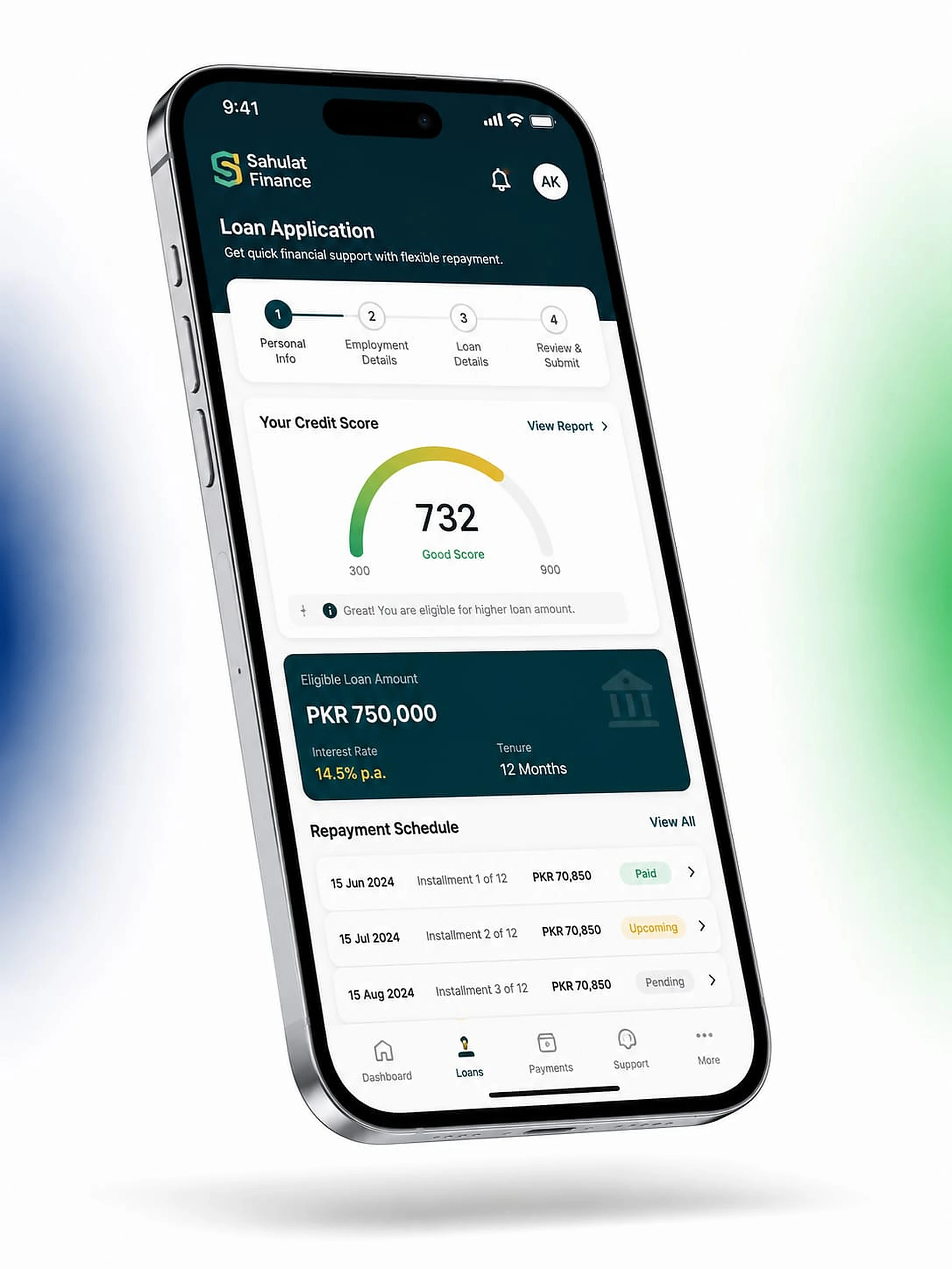 Sahulat Finance loan application screen on mobile