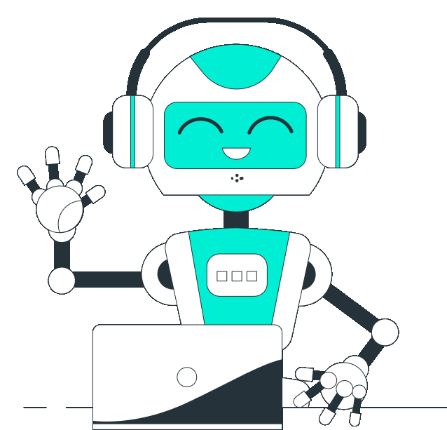 Friendly AI robot waving beside a laptop