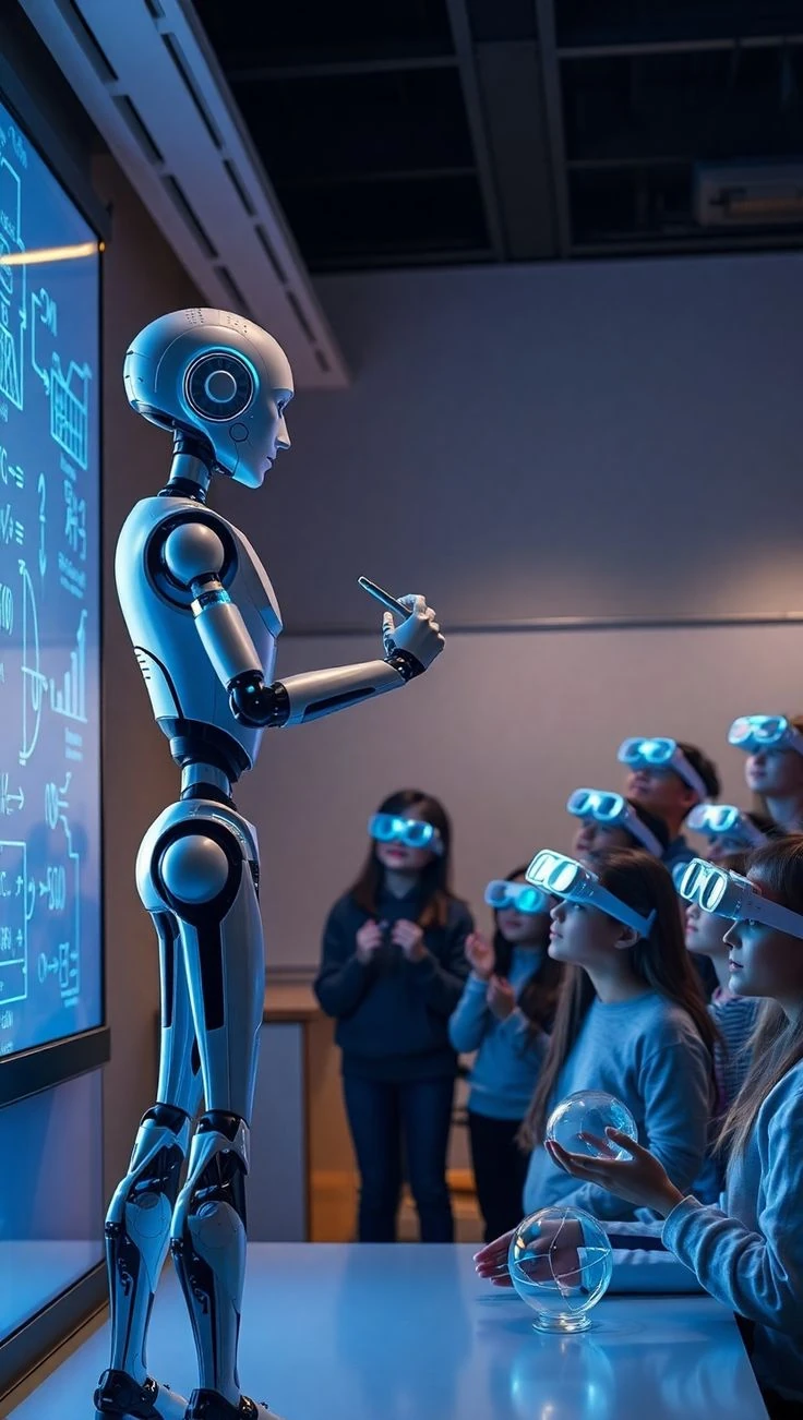 A humanoid robot guiding an immersive learning session with people wearing smart glasses.